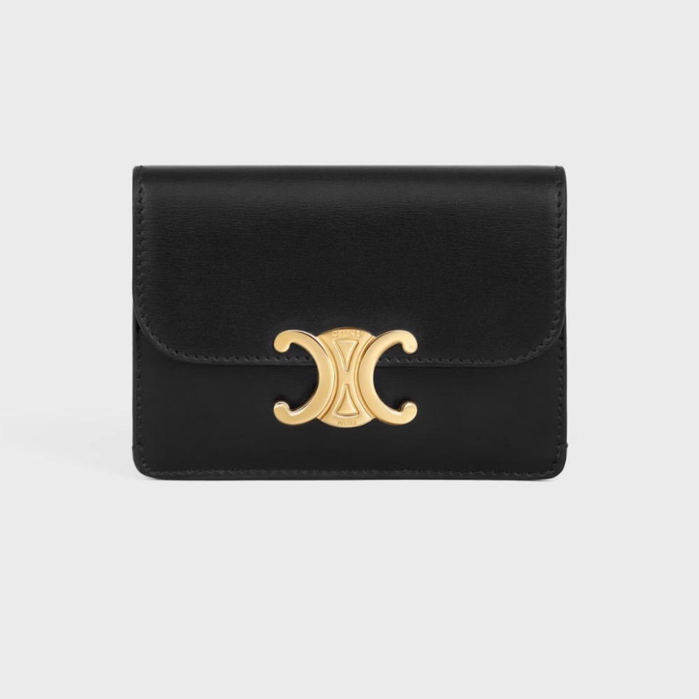 Celine Card Holder with Flap Triomphe in Black Shiny Calfskin and Gold